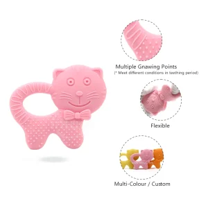 Multi-Textured Kitty Shaped Silicone Teether, animal cat shape BPA free baby silicone teether