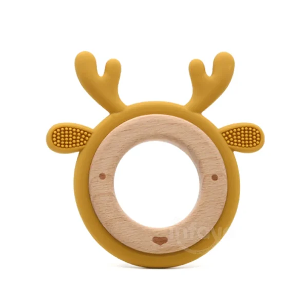 Reindeer Cartoon Teether BPA Free Food Grade Silicone Beech Wood Baby Teething Toy Rattle Safe Newborn Chew Nursing Gift