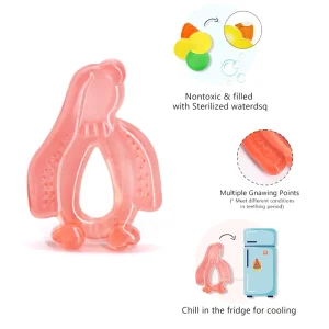 pink penguin waterfilled cool teether, water filled toy teether, not too cold to hold teether