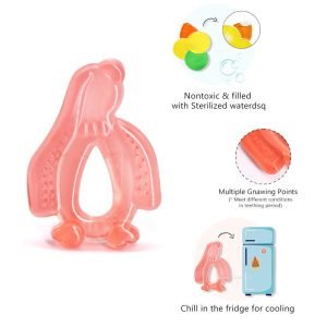 pink penguin waterfilled cool teether, water filled toy teether, not too cold to hold teether